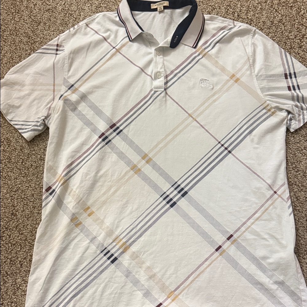 Burberry White Plaid Short-Sleeve Polo with Navy Trim